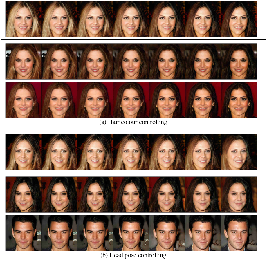 PCA-AE editing examples: hair colour and head pose control