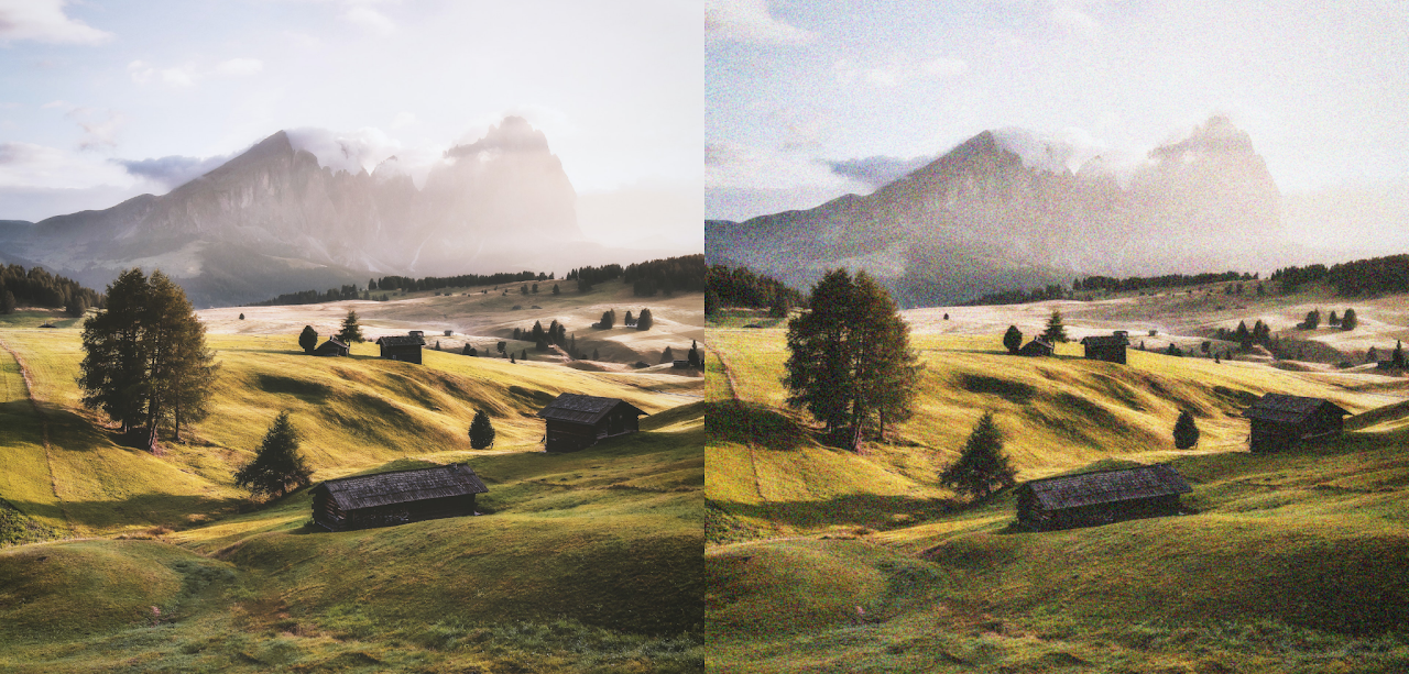 Neural film grain rendering: original landscape (left) and with synthesised grain (right)