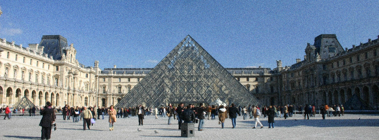 Louvre courtyard with synthesised film grain